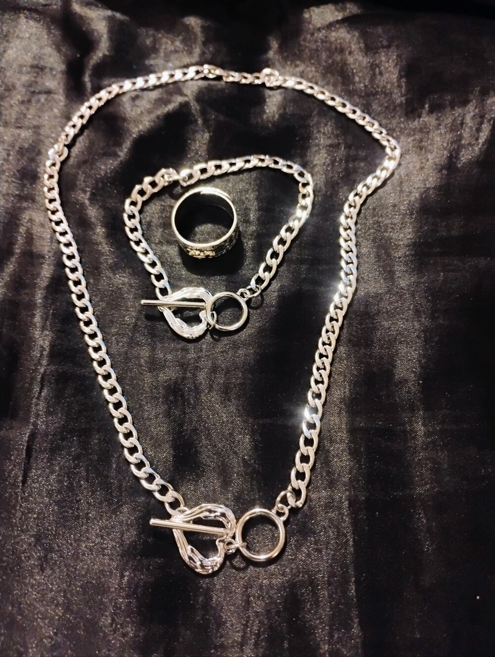 Unique Stainless Steel Angel Wings Heart Toggle Clasp Set With Lucky Pixiu Ring